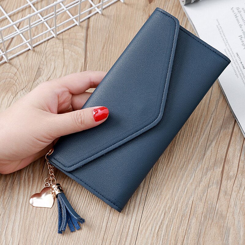 Brand Long Handbag Practical women's Coin Purse Ladies Tassel Buckle Wallet Business Card Holder: dark blue