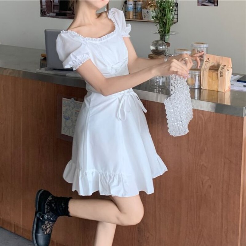 Trendy Streetwear Women Dress A-line Mini Sweet Summer Girls Cool Harajuku Puff Sleeve Empire Simple White Solid Mujer Vestido