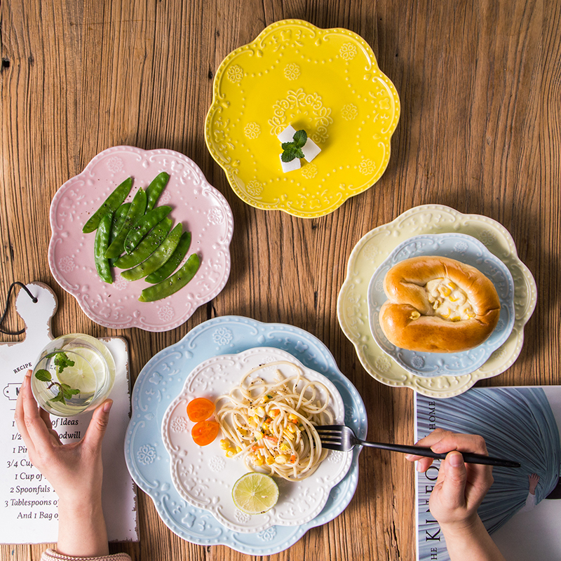 Assiette à fruits en relief chinoise, assiettes à salade, plateau en céramique, disque à Steak rose, gâteau, plat, accessoires de cuisine pour la maison, 6, 8, 10 pouces