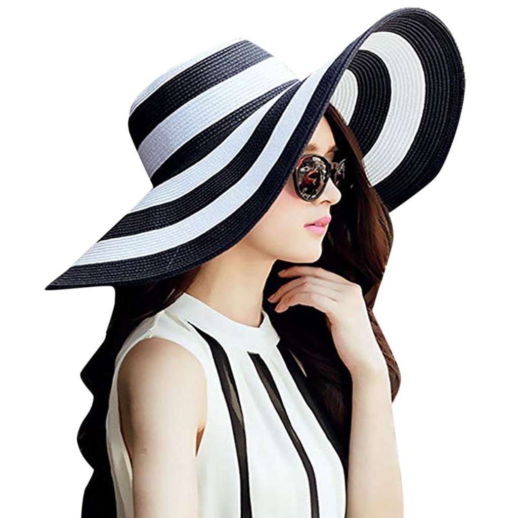 female sun shade Womens Big Bowknot Straw Hat Stripe Floppy Foldable Roll up Beach Cap Sun hat woman summer: Black