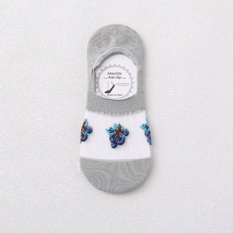 Crystal Silk Woman Socks Silicone Non-slip Invisible No Show Socks Fruit Print Summer Thin Breathable Low Cut Ankle Boat Socks: Gray