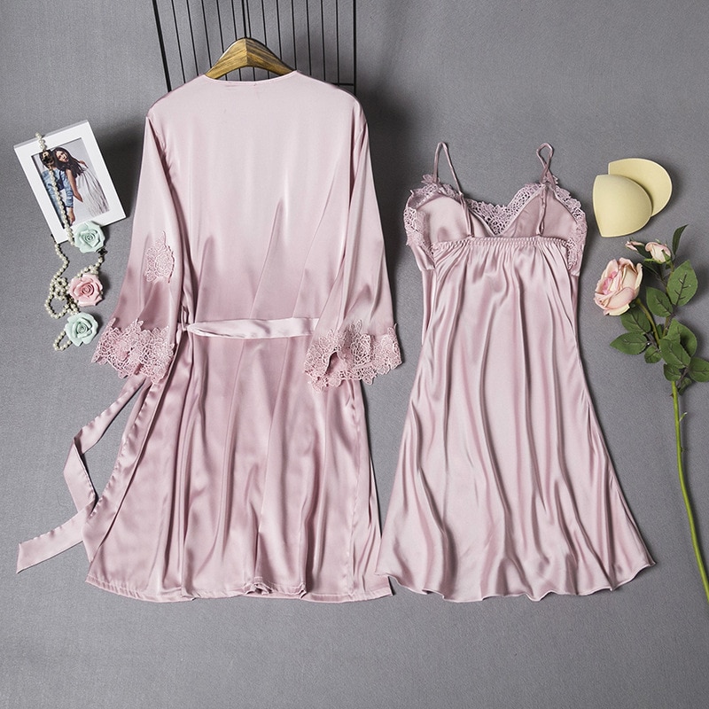 Mechitiz-ensemble de sommeil, robe sexy en soie pour femmes, peignoir deux pièces, robe de nuit luxueuse, printemps été, vêtements de nuit féminins