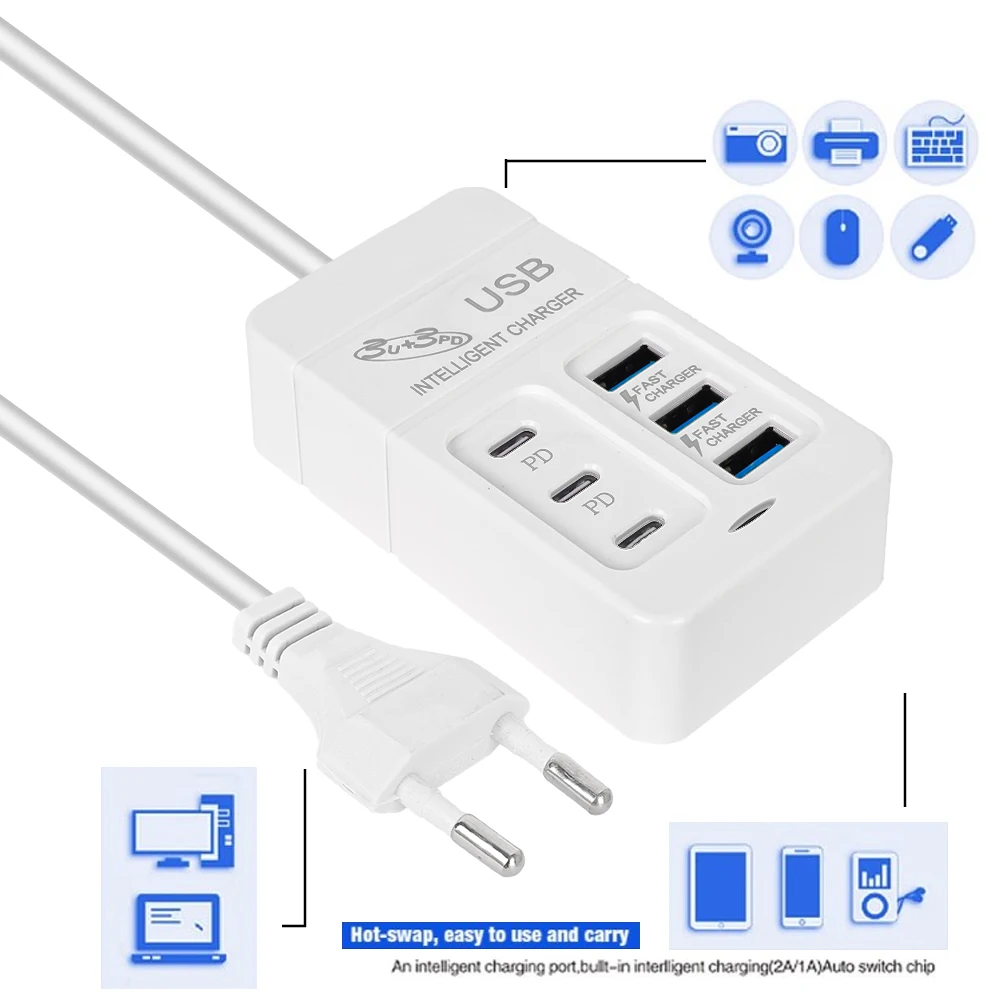 Cargador USB multipuerto de 6 puertos, 35W, PD tipo C, carga rápida para teléfono móvil, cargadores de pared tipo C, adaptador de concentrador tipo C, enchufe UE, EE. UU., Reino Unido