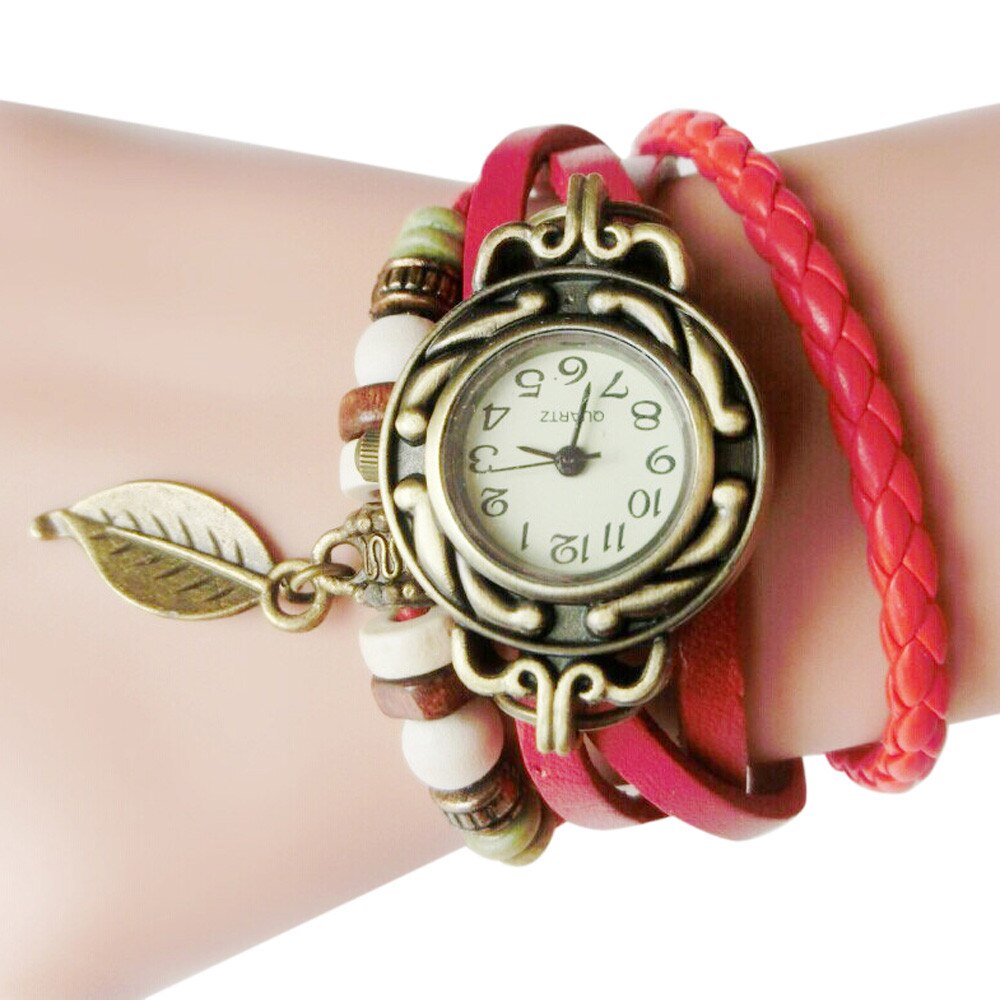 Vrouw Armband Horloge Lederen Band Leaf Hanger Ladie Horloge Retro Eenvoudige Quartz Lady Klok Relogi montre dames horloges # W