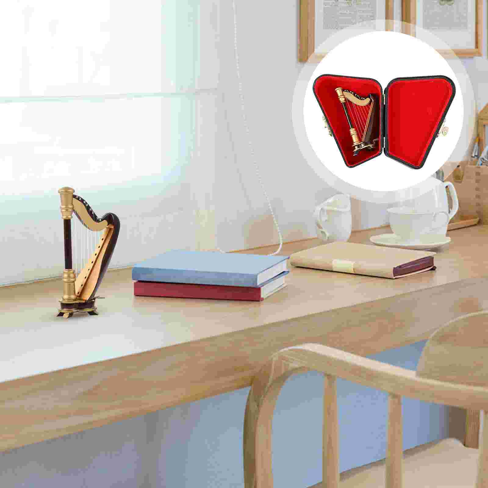 Mini Harp Model Wooden Harp with Box Musical Instrument Replica Table Ornament: Default Title