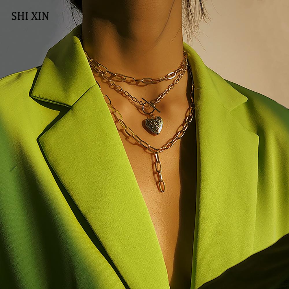 SHIXIN Multi Layer Love Heart Locket Necklace for Women Punk Gold/Silver Chain Necklace Hiphop Jewelry Female Jewelry