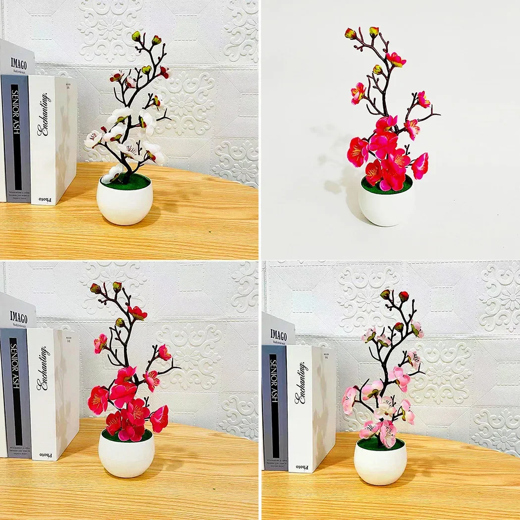 Plantes artificielles en pot 30x11cm, Simulation de bonsaï, fleur de prunier en soie, décoration de maison et de bureau, branche de fleur de prunier pour mariage ﻿