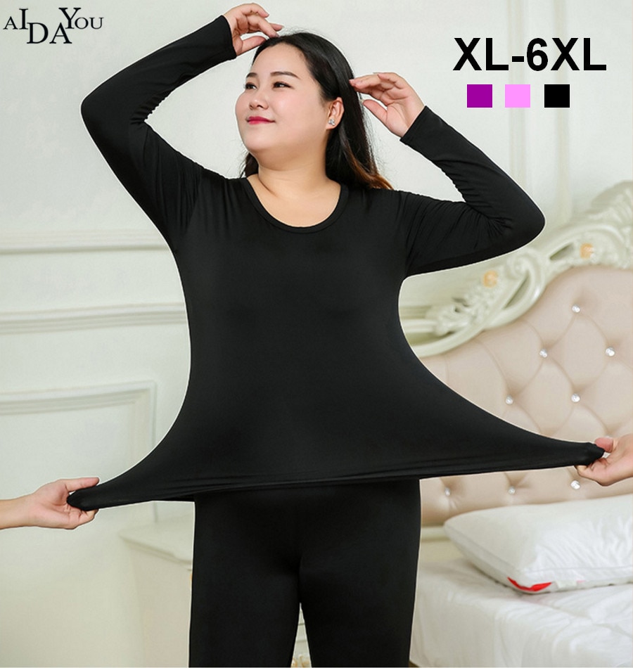 Pajama Sets Plus size 6xl Winter Warm Women's Thermal Fleece Underwear Set Female good elasticity Soft Long Johns ouc053