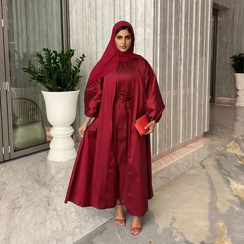 Arabischen 2 stücke Abaya Set Arabisch Kaftan Frauen Seidige Kimono + Sleeveless Langes Kleid Muslimischen Spiel Anzug Dubai Islam Modest outfit Ramadan