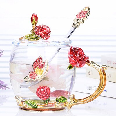 Tasse à café thé verre à fleurs et strass | Émail décoré tasse à café tasse à thé, verre gobelets à lait, tasses et tasses à poignée en alliage: A05