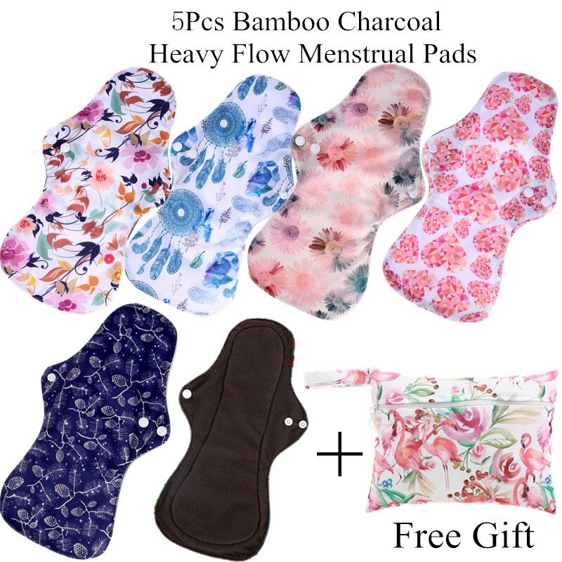 [simfamily] 10Pcs Reusable Pads Bamboo Charcoal Pads Sanitary Pads Washable Panty Liner Mama Maternity Menstrual Cotton Dads: 5L and 1wet bag
