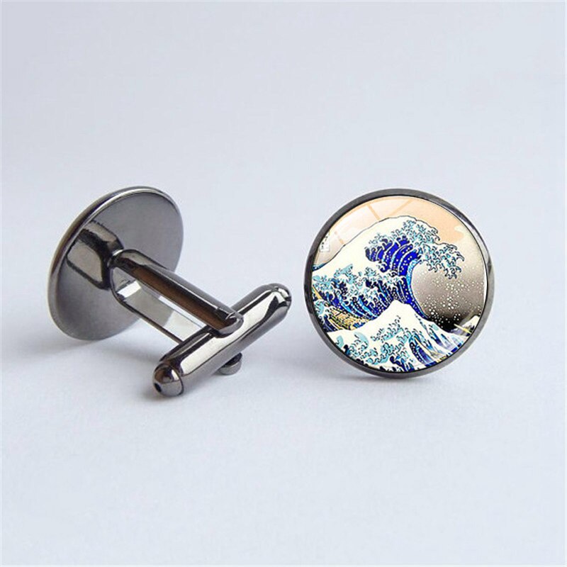 Grote Golf Van Kanagawa Manchetknopen Hokusai Japanse Golf Glas Dome Foto Shirt Manchetknopen Voor Heren Sieraden: Gun black