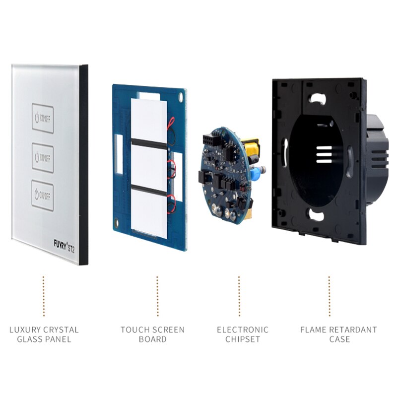 Original Funry ST2 3Gang EU Standard Touch Switch Lighting Luxury Tempered Glass Panel 170-240V 7-200W/gang 86*86*36mm