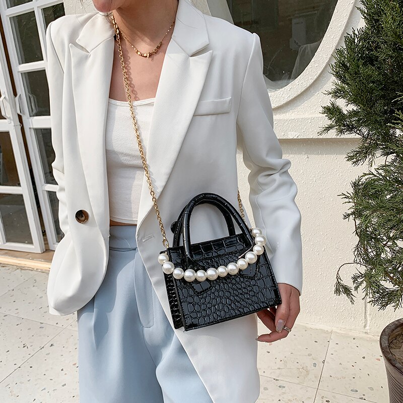 Frauen Perle Kette Handtaschen Geldbörsen Einfache Weibliche Kleine Quadratische Tasche PU Leder Damen Schulter Umhängetaschen