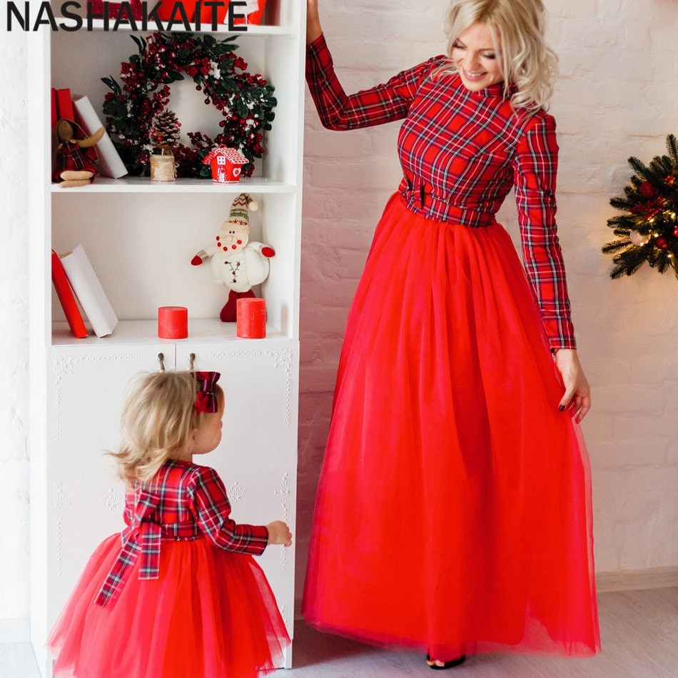 NASHAKAITE Mother Daughter Dresses Plaid Stitching Mesh Hem Long-sleeve Matching Dresses Autumn Winter Mommy and me clothes