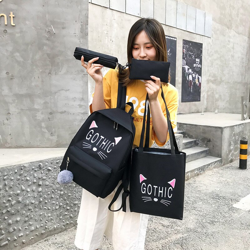 Toile sac à dos femme 3 pièces/ensemble femmes école sacs à dos dames noir rose dos sacs pour adolescents filles décontracté étudiant cartable