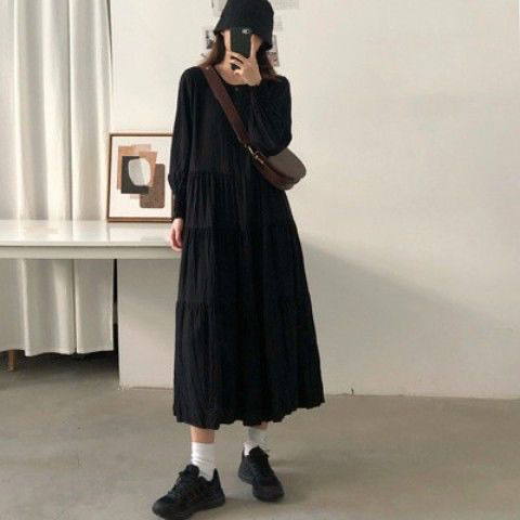 4xl langærmede kjoler kvinder løs koreansk temperament kvindelig dejlig midikjole o-hals forår afslappet ensfarvet vestidos de mujer: Xl / Sort