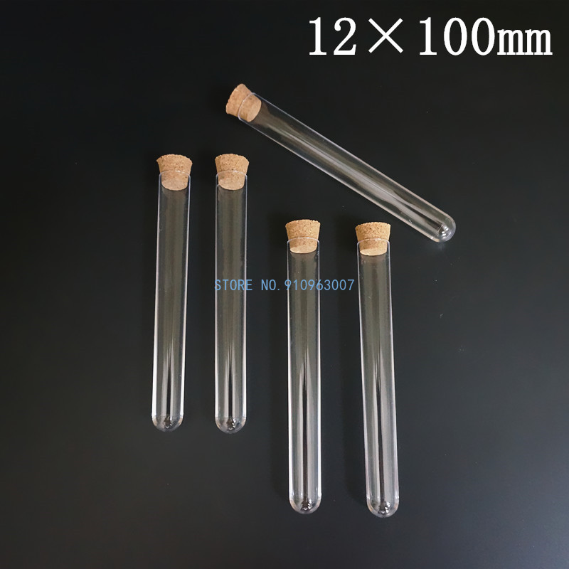 Tube à essai en plastique rigide avec bouchon en liège, diamètre 12mm à 25mm, longueur 60mm à 180mm, récipient à fond rond pour laboratoire scolaire