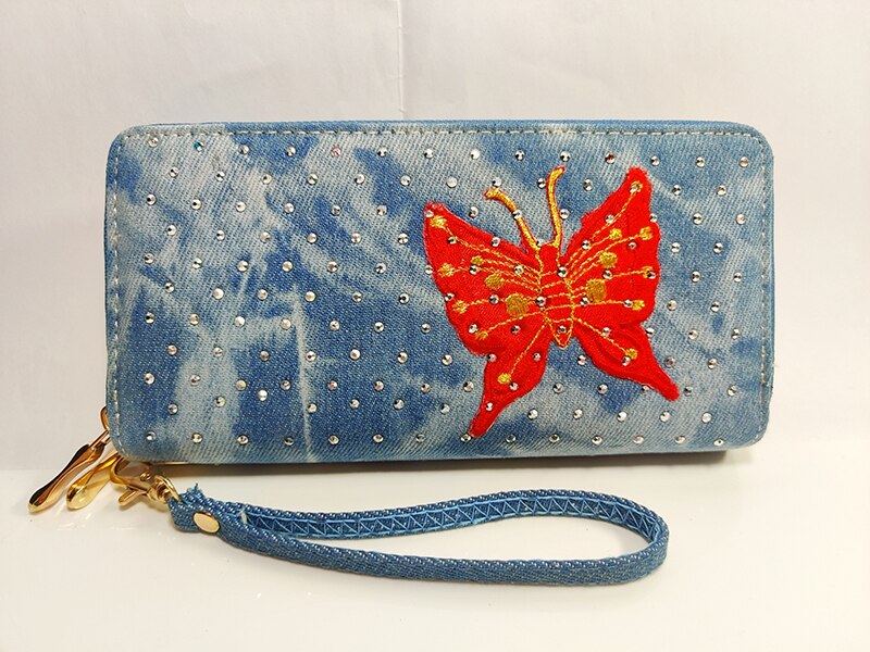 Phone Purse Women Wallets Denim Big Female Brand Retro Ladies Long Woman Wallets Card Clutch Double Zipper ladies wallet Diamond: Butterfly Wallet 2