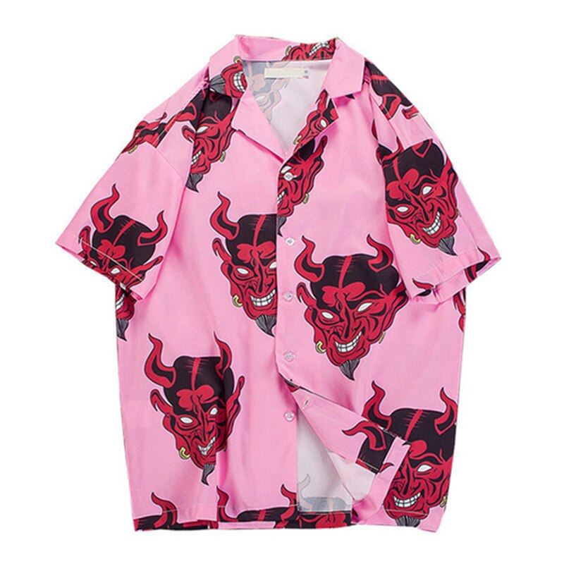 Harajuku devil head shirs sommar strandskjorta hawaii tunn hiphop streetwear mens hawaiian kortärmad rosa tees  hh139: Rosa / L