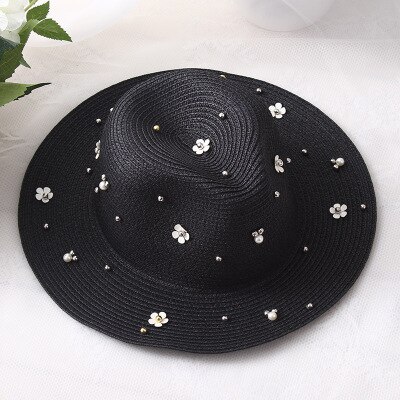 2018 Nuove Donne di Estate All'aperto Cappelli da Sole Solido Grande di Paglia Tesa Traspirante Cappello di Snapback Regolabile Della Perla di Modo Tappo Superiore Per della signora: black