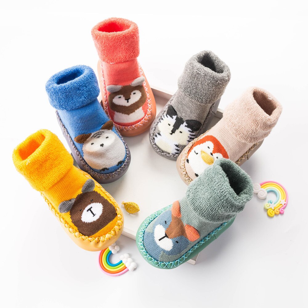 Otoño calcetines de bebé de invierno con zapatos de goma calcetines para niños calcetines de dibujos animados para bebés antideslizantes suelas de suelo de cuero para bebés