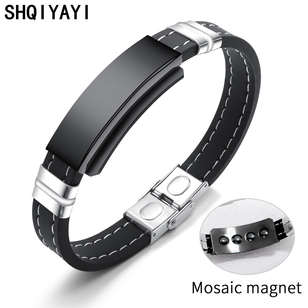 SHQIYAYI noir Silicone bracelets porte-bonheur pour hommes aimant acier inoxydable fête bijoux Vintage Punk amitié . O1275