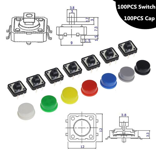 Tactile Push Button Switch Momentary 12*12*7.3MM Micro Switch Button + 5 Colors Tact Cap for DIY Kit: 100Set