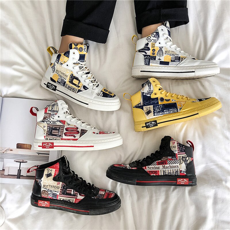 Siergan herrskor sommar student canvas skor herr fritids graffiti trend fritidsskor med hög topp skor herr