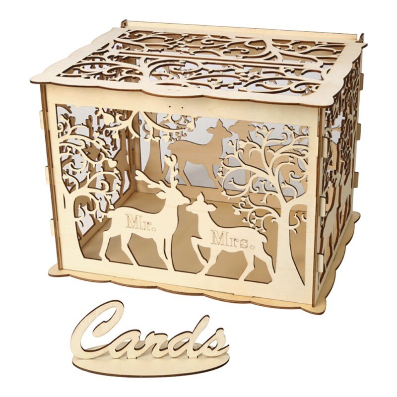 Hollow DIY Wedding Wooden Box Wedding Supplies DIY Couple Deer Bird Flower Pattern Grid Business Card Wooden Box: E