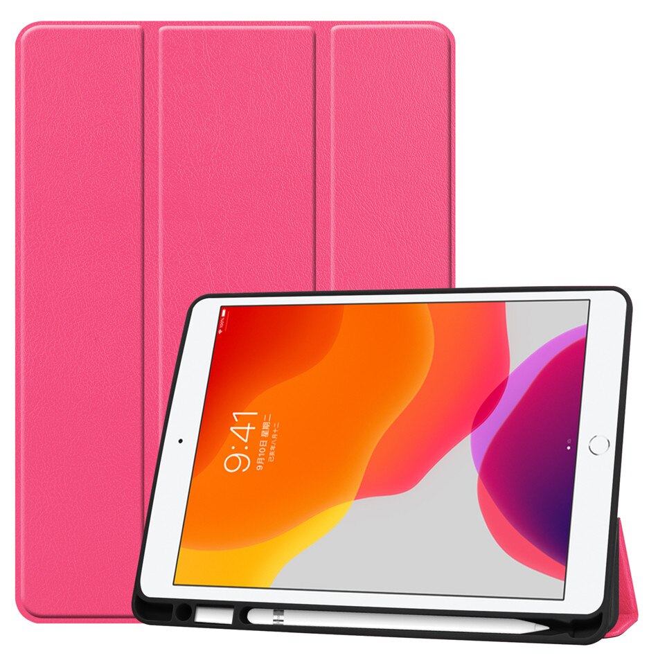 For iPad 7th 10.2" Case A2198 With Pencil Holder Stand Cover For iPad 10.2 Case Auto Sleep / Wake+Screen Protector+pen: Pink