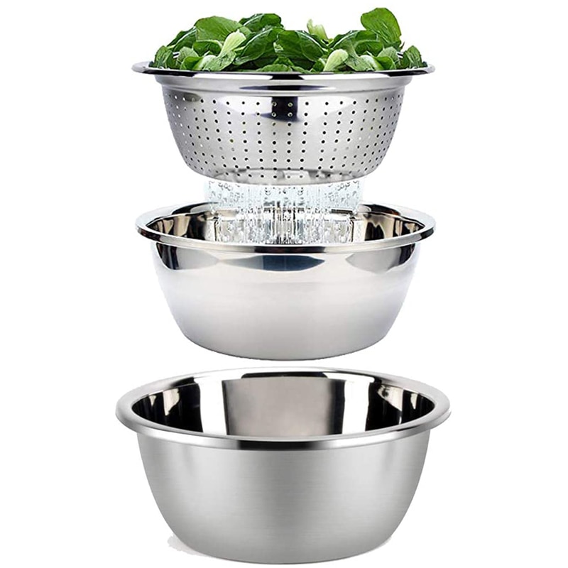 Mixing Bowl Set and Colander Salad Bowl Stainless Steel Anti-Kitchen Stacking Bowl Set Non-Stick Food Preparation Bowl