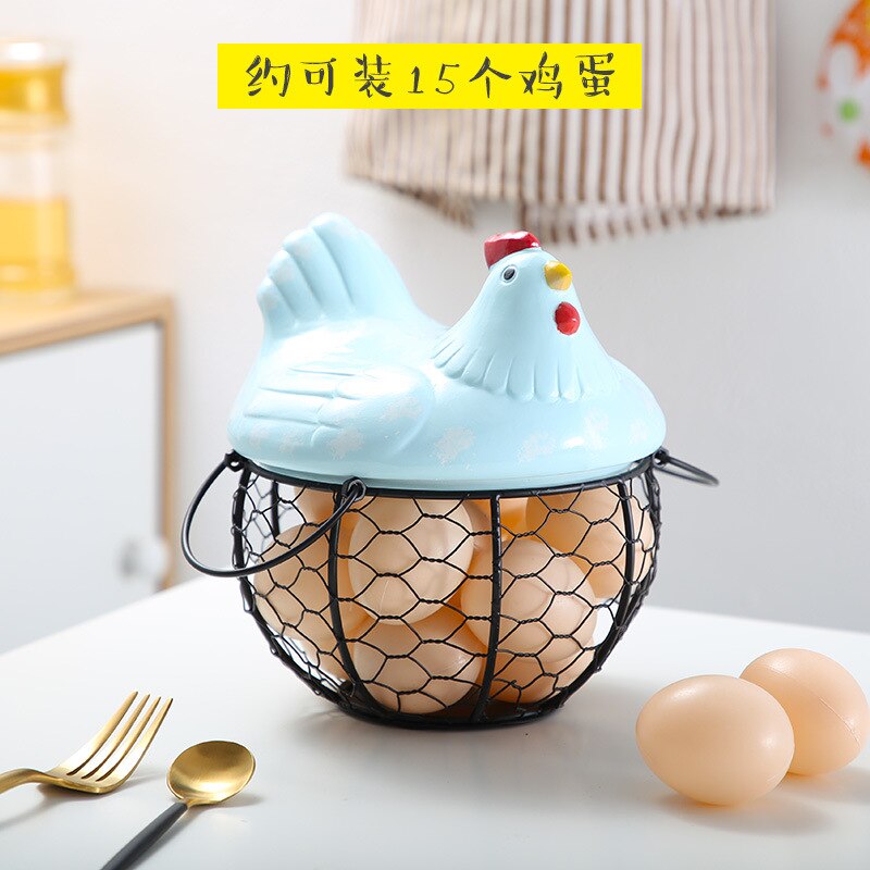 Ceramic Egg Holder Chicken Wire Egg Basket Fruit Basket Collection Ceramic Hen Oraments Decoration Kitchen Storage 19CMX22CM: Blue / S size --15 eggs