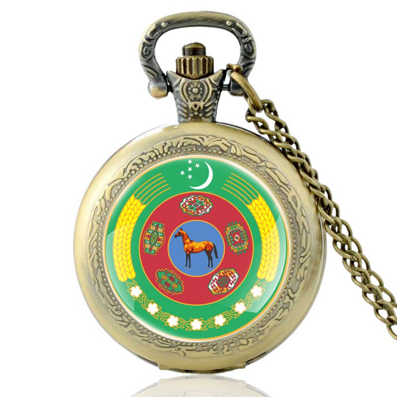 Godło narodowe turkmenistanu czarny klasyczny zegarek kieszonkowy kwarcowy mężczyźni naszyjnik damski z wisiorkiem godziny zegar prezenty: brązowy