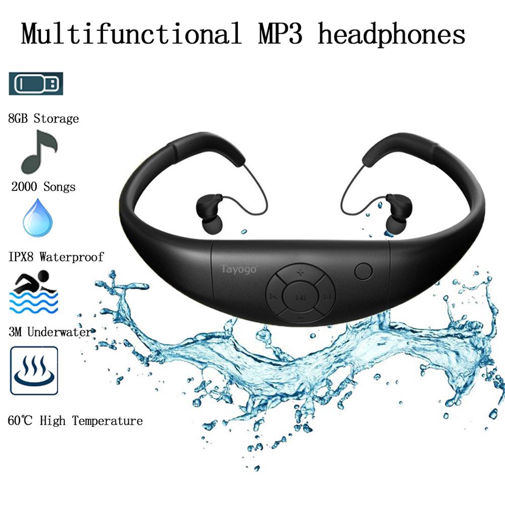 Tayogo 8G IPX8 Waterproof MP3 Newest Swimming Diving Music Player Built-in Player Neckband Stereo Sport Earhook Audio Headset: black