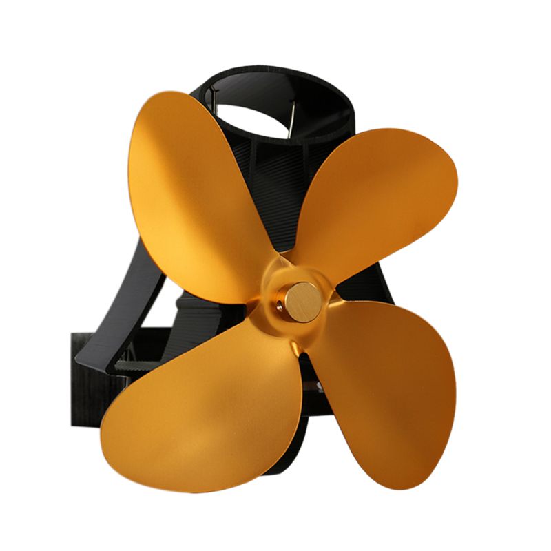 Wall Mounted Heat Self-Powered Fireplace Stove Fan Quiet 4 Blades Aluminum Efficiently Warm Large Room Wood Log Burner Eco: Gold