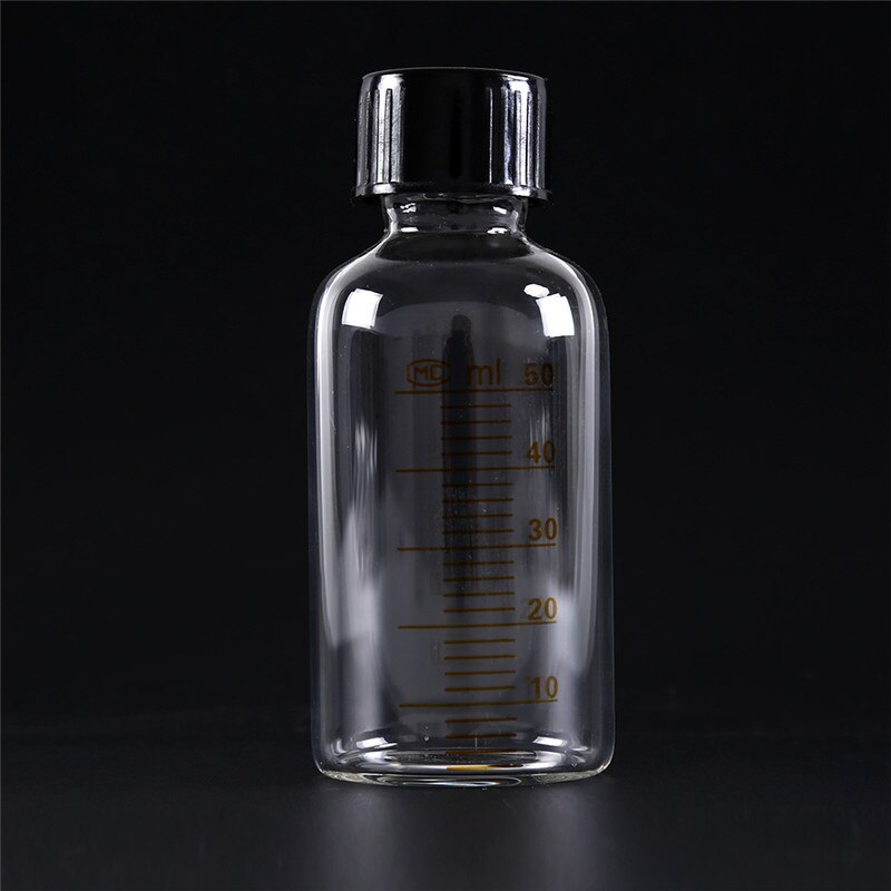 50ml ronde glazen reagensflessen, plastic zwarte schroefdop, schroefdeksel, schaalverdeling, monsterflesjes