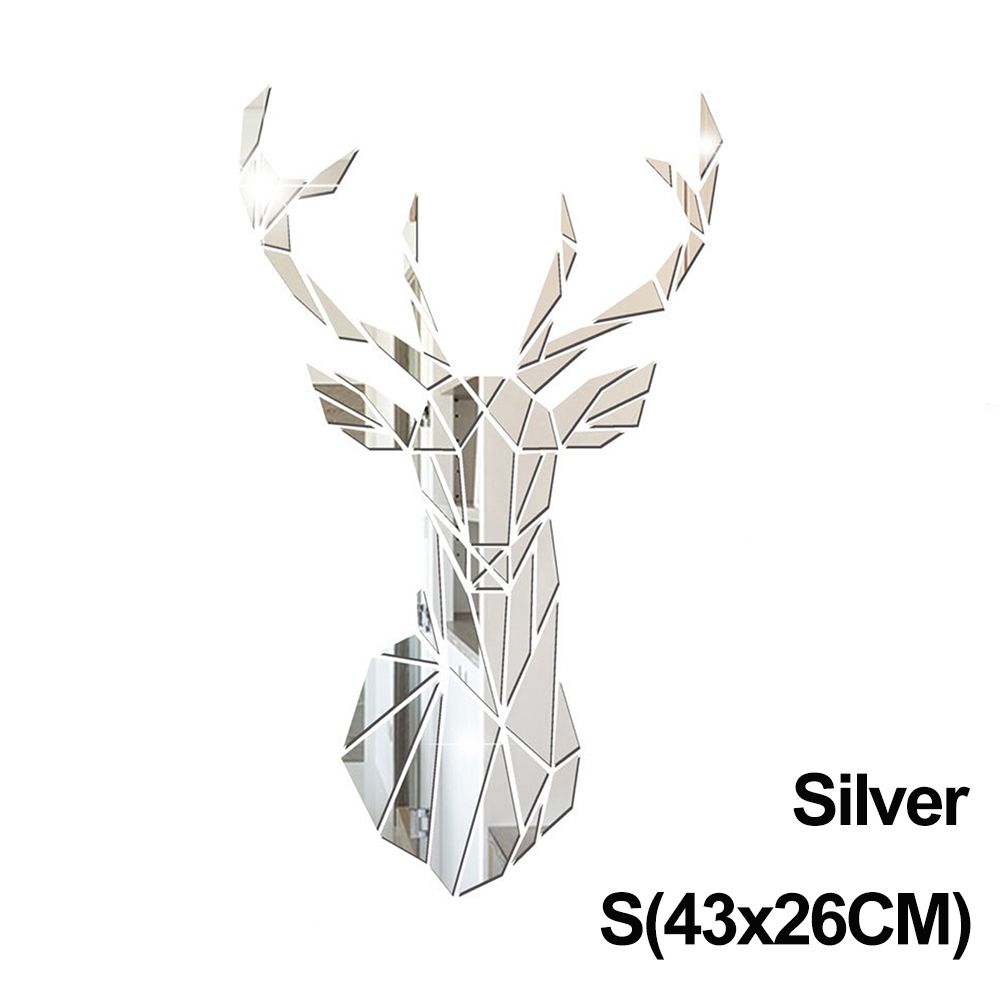 Autocollants tête de cerf 3D auto-adhésifs de Style moderne, plusieurs tailles, Stickers de Surface de miroir d&#39;art Mural de salon: silver / S(43x26CM)