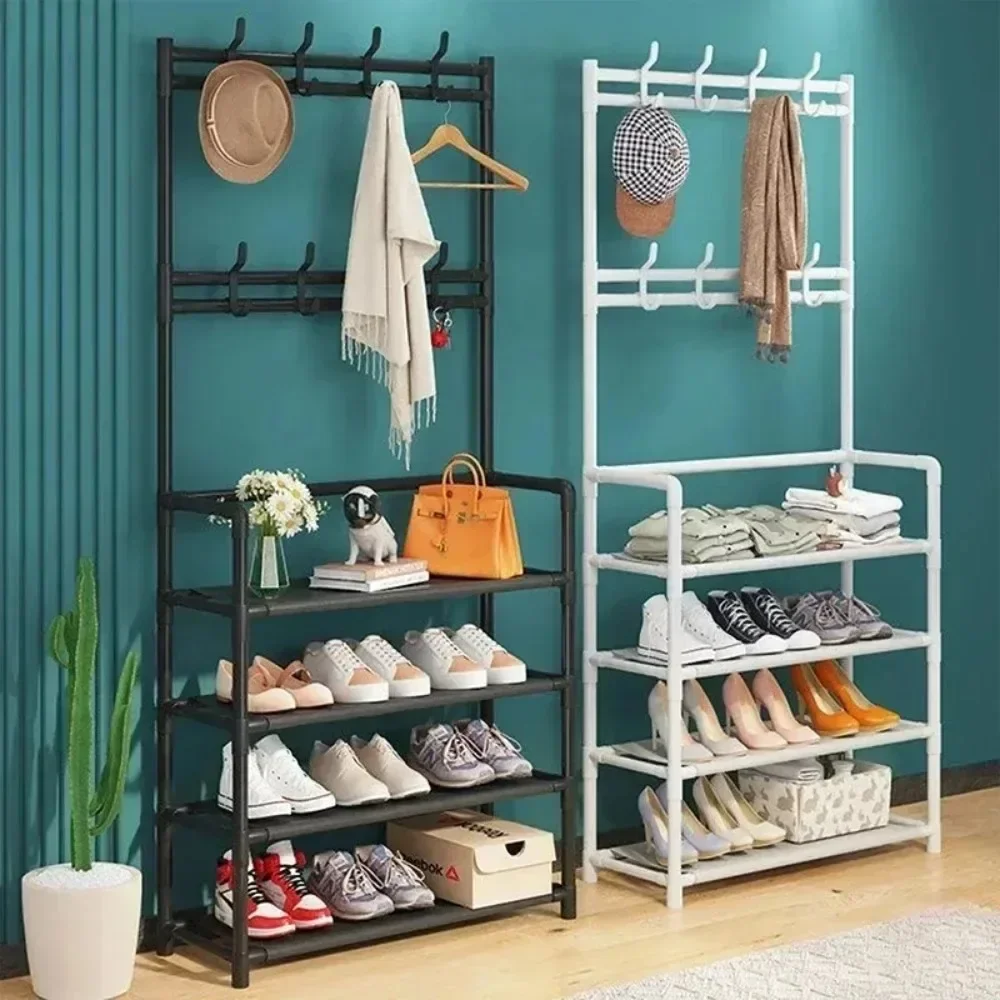 Clothes Hanger Multi-Layer Shoe Rack Shelf Floor Standing Coat Racks Assemble Cloth Storage With Hooks Sneakers Organizer