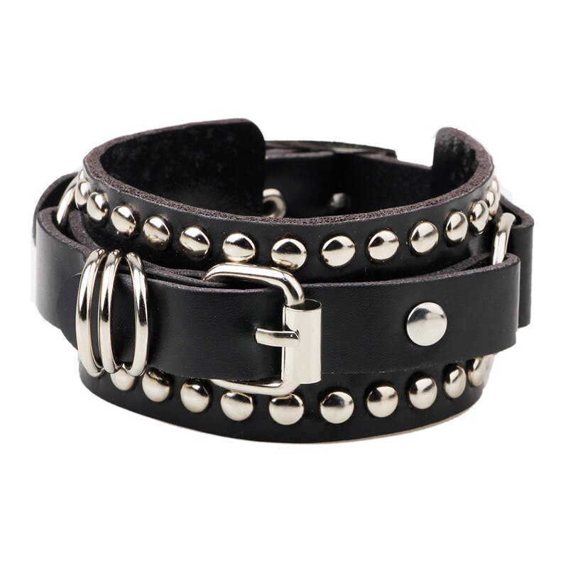 Womens Mens Punk Metal Rivets Wide Leather Bracelets with adjustable buckle,Rock & Roll Leather Bracelets: black