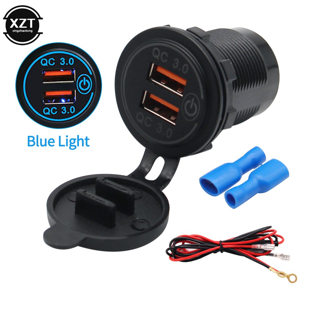 12v/24v 36w qc 3.0 2 usb lader stikkontakt berøringsbryter vanntett universal bil truck lade sokkel for telefon nettbrett kamera gps: Blå  w 1m kabel