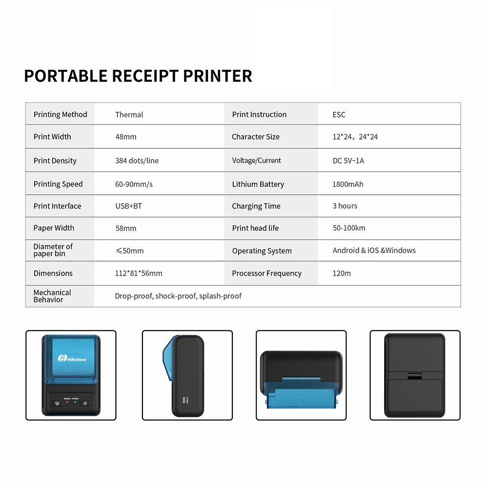 Milestone MHT-P11 58Mm Draagbare Thermische Printer Ondersteuning Bt/Usb Aansluiting Voor Supermarkt Restaurant Winkel Magazijn