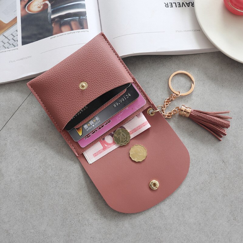 Student Dunne Portefeuilles Vrouwen Portemonnee Dames Pu Lederen Tassel & Metalen Ring Clutch Sleutelhanger Dunne Sleutel Tas Kaarthouders mini Pouch