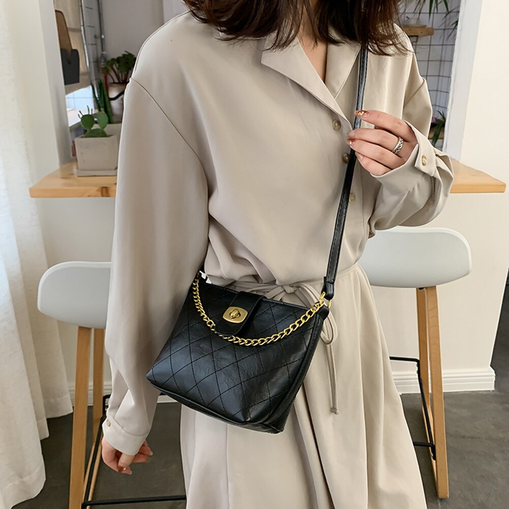 Frauen Schulter Umhängetaschen PU Leder Einfarbig retro Umhängetasche Für Weibliche Damen Schlinge Kette Eimer Handtasche