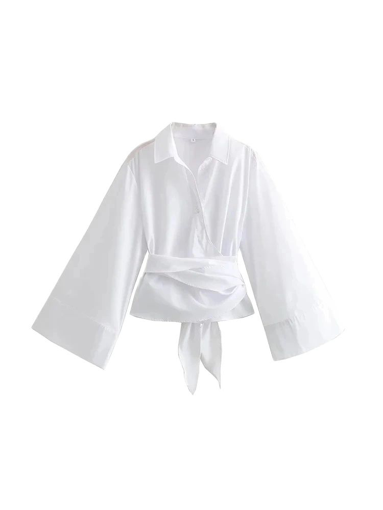 TRZA-Women's Long Sleeve Kimono Blouses With Bow Tie, Front Button, Female Shirts, Chic Tops,