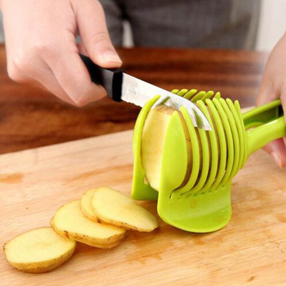 1 PC Plastic Groene Handleiding Snijmachines Tomaat Slicer Fruit Cutter Tomaat Citroen Cutter Assistent Slenterden Koken Holder Keuken Tool C