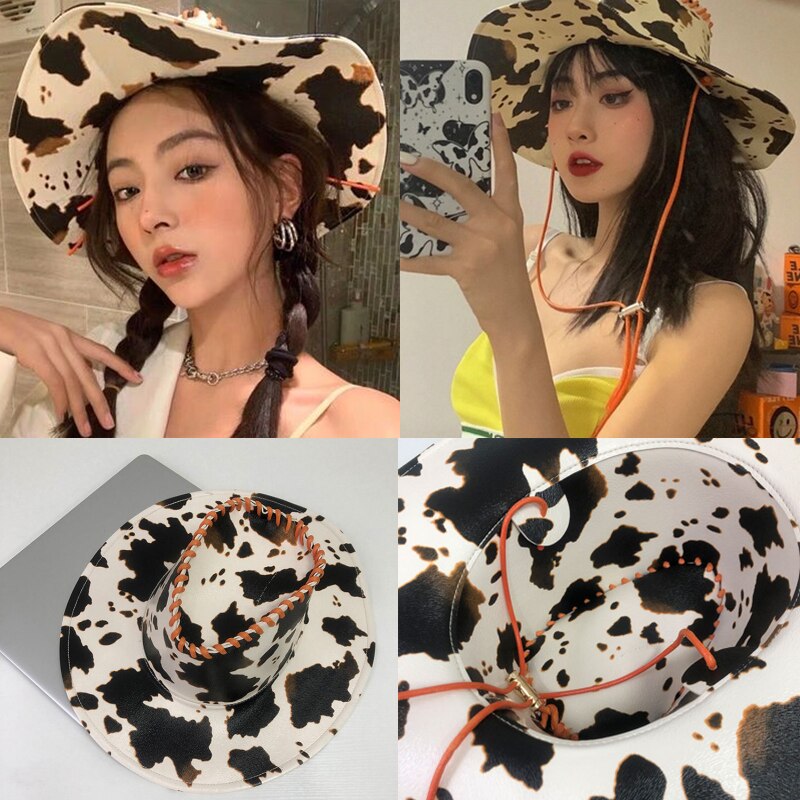 Kapelusz kowbojski krowa skóra ekologiczna z wzorem Zachodni kręcone rondo jeździecki kapelusz damski śliczny moda retro wakacyjny kapelusz hurtowo