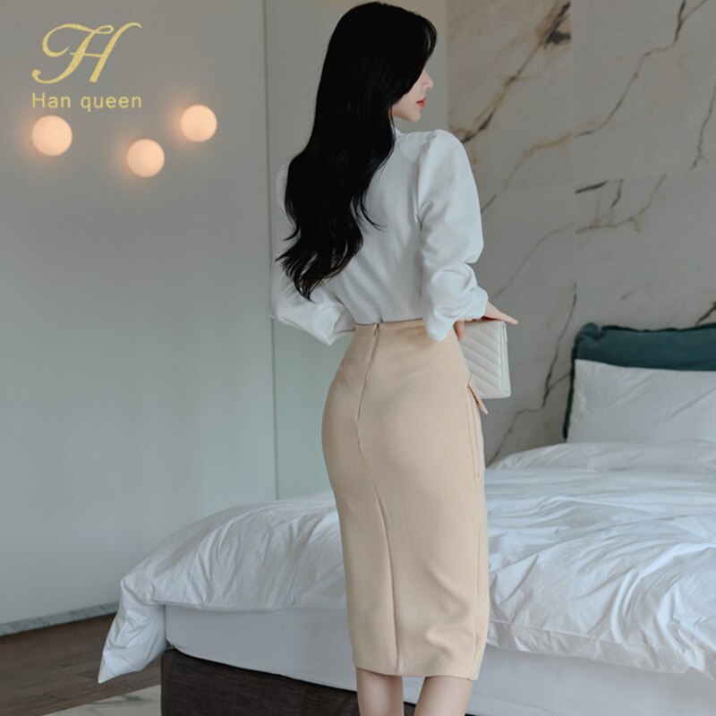 H Han Queen – ensemble chemisier blanc et jupe crayon fourreau fendue pour femme, tenue de bureau coréenne Simple, 2 pièces, printemps