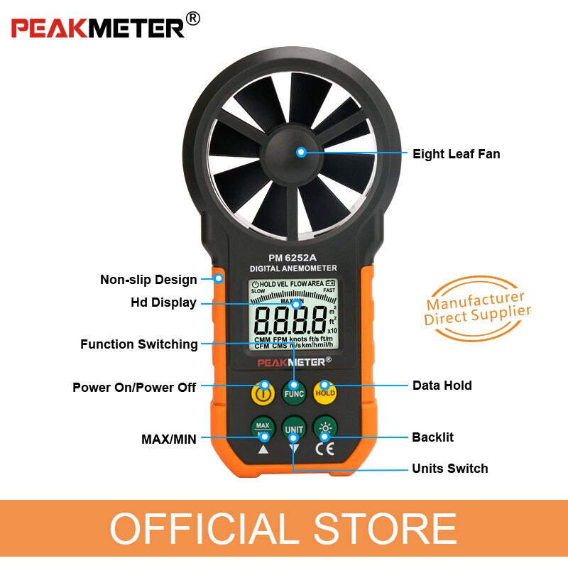 PEAKMETER official Digital Anemometer Wind Speed Air Volume Measuring Meter PM6252A 30m/s LCD Display