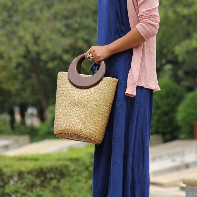 22 Stijl Strozak Rotan Houten Handvat Retro Geweven Zak Emmer Zak Grote Strand Tas: C057 natural